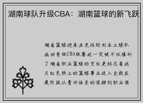 湖南球队升级CBA：湖南篮球的新飞跃